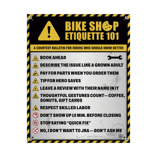 Bike Shop Etiquette 101 Poster | EU Safety Sign Edition (Q1) | Cycling Shop Wall Art | Funny Bike Shop Decor | 16x20