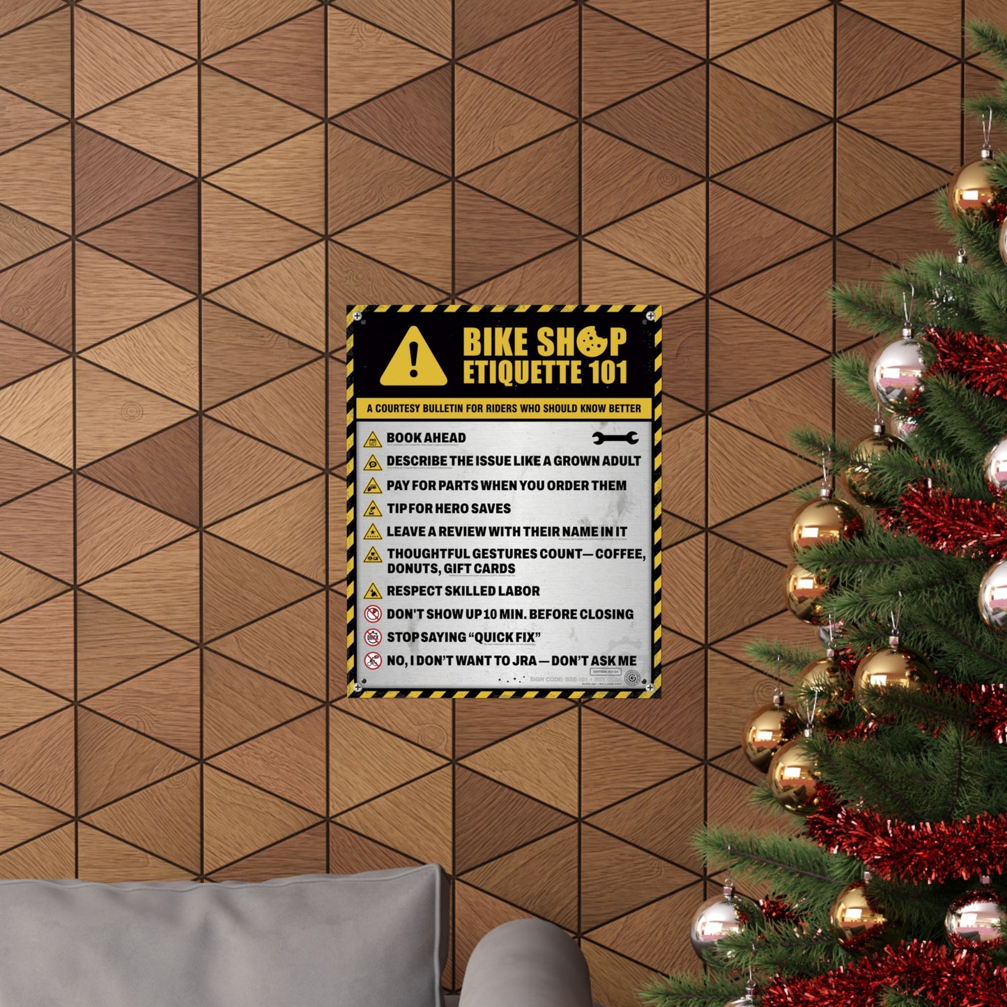 Bike Shop Etiquette 101 Poster | EU Safety Sign Edition (Q1) | Cycling Shop Wall Art | Funny Bike Shop Decor | 16x20